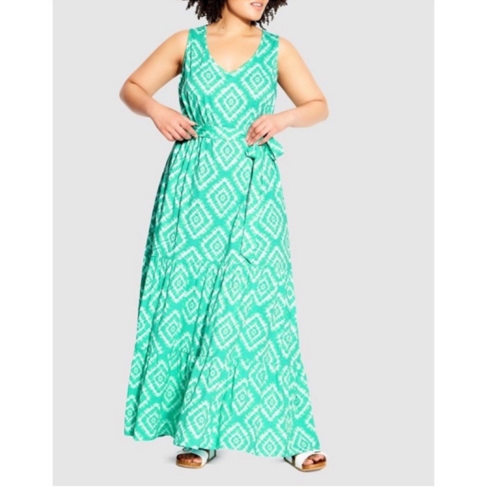 AVENUE NWT Teal Green Diamond Print Sleeveless Annie Maxi Dress 26/28